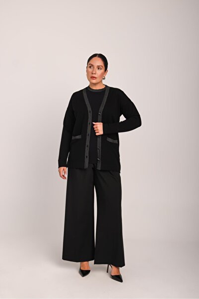 Uludağ Triko Women's Black Glitter Collar Buttoned Comfortable Cut Pocketed Knitwear Cardigan