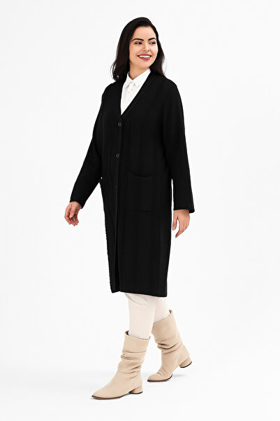 Uludağ Triko Women's Black Pocketed V-Neck Tassel Trim Knitwear Long Cardigan