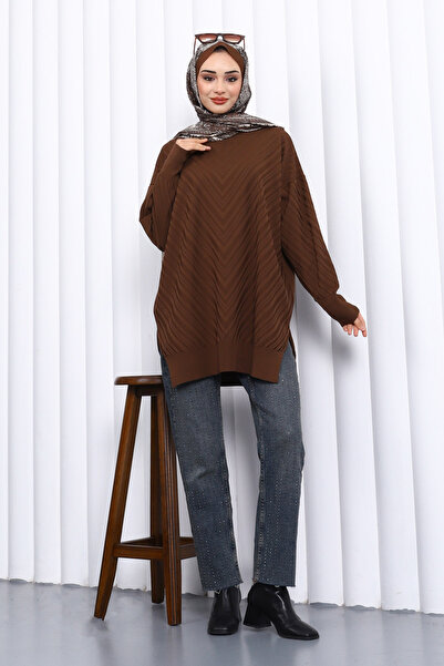 İmajButik Brown Crew Neck Cold Thread Knitwear Tunic