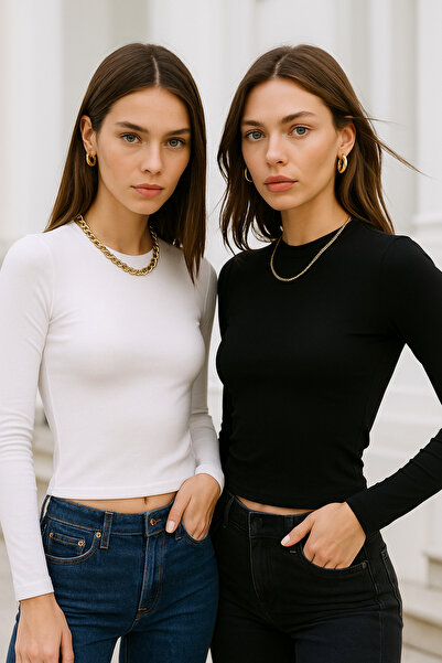 Rich Women's Black-White 2-Pack Crew Neck Stretchy Fabric Fitted Slim Fit Long Sleeve Crop Bodysuit