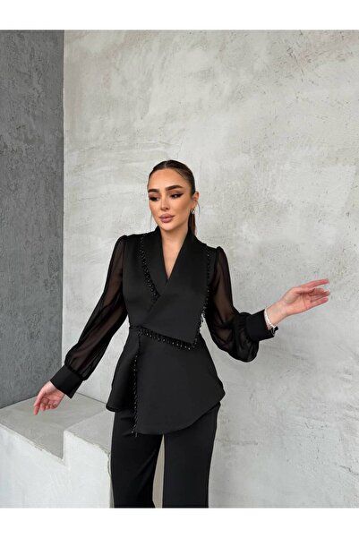 Siseniorita Women's Suit Peplum Jacket with Chiffon Sleeves and Elegant Straight-Length Pants