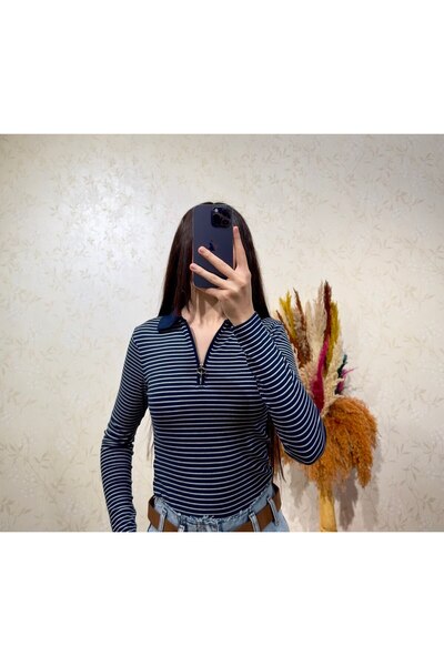 sunademirelfashion بلوزة طويلة الأكمام بياقة مخططة باللون الأزرق الداكن