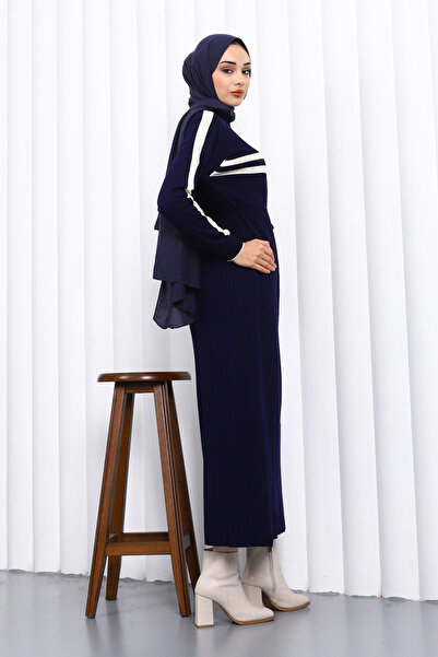 İmajButik Navy Blue Collar Zippered Corded Fabric Striped Knitwear Dress