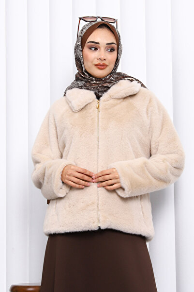İmajButik Beige Short Faux Fur Coat