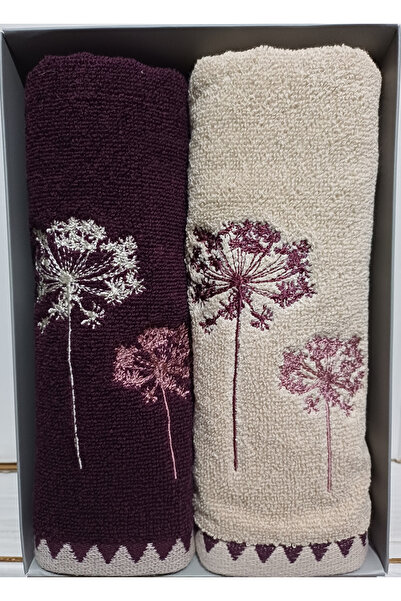 Özdilek Erba Seca 2-Piece Embroidered Hand and Face Towel 50X90 cm Beige- Plum