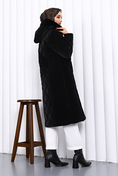 İmajButik Black Hooded Quilted Long Coat