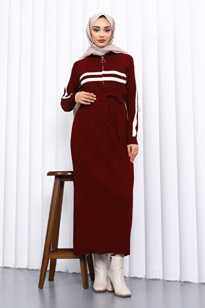 İmajButik Burgundy Collar Zippered Corded Fabric Striped Knitwear Dress
