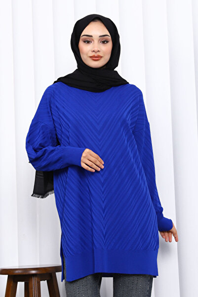 İmajButik Cobalt Blue Crew Neck Cold Thread Knitwear Tunic