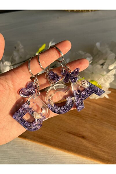 Sultan Tasarım Renki Seashell Heart - Teddy Bear - Butterfly Attached Epoxy Letter Keychain