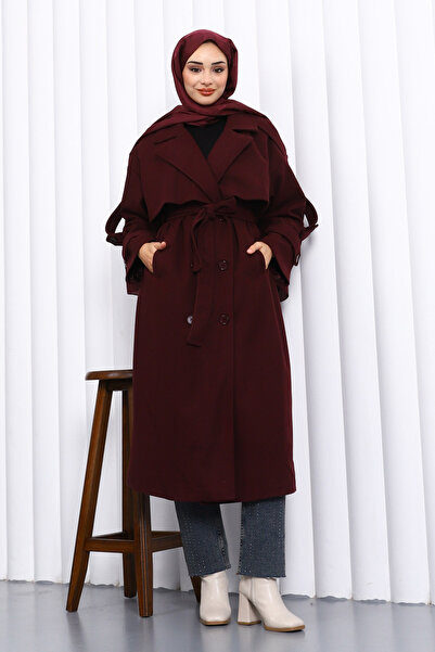 İmajButik Plum Kravuze Collar Lined Cashmere Coat