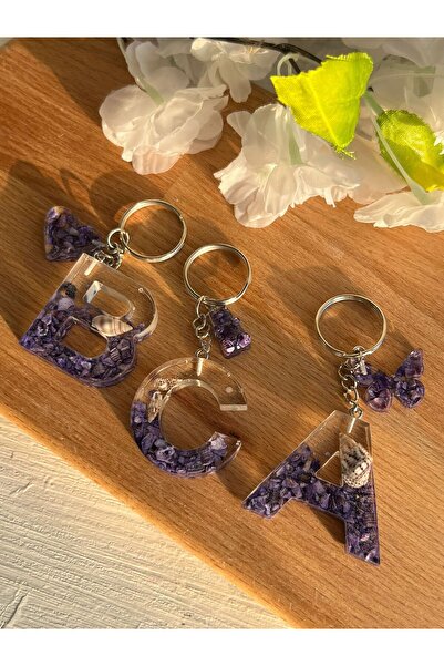 Sultan Tasarım Renki Seashell Heart - Teddy Bear - Butterfly Attached Epoxy Letter Keychain