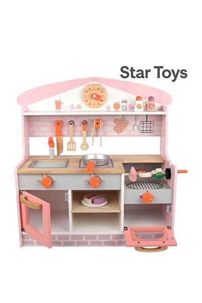 STAR TOYS مطبخ ألعاب خشبي للأطفال – تصميم وردي مع فرن وشواية وإكسسوارات –