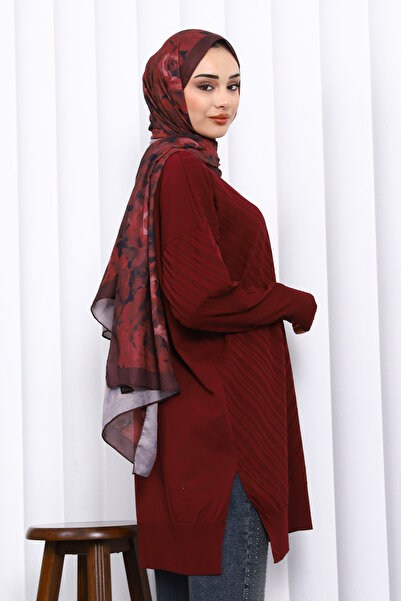 İmajButik Claret Red Crew Neck Cold Thread Knitwear Tunic