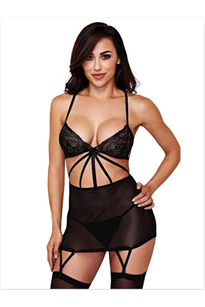 Nemere Büyük Beden Fantazi Siyah Dantelli Jartiyer Takım TG273255