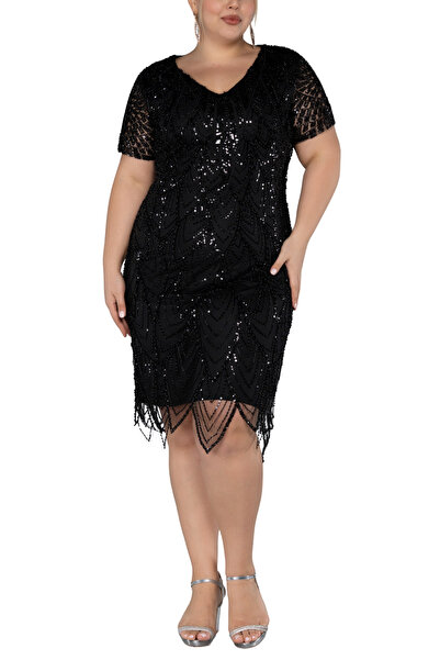Arden Plus Size Short Evening Dresses,Midi Sequined Cocktail Dress,Black,Navy Blue,Gold V-Neck Short Sleeve,46-54