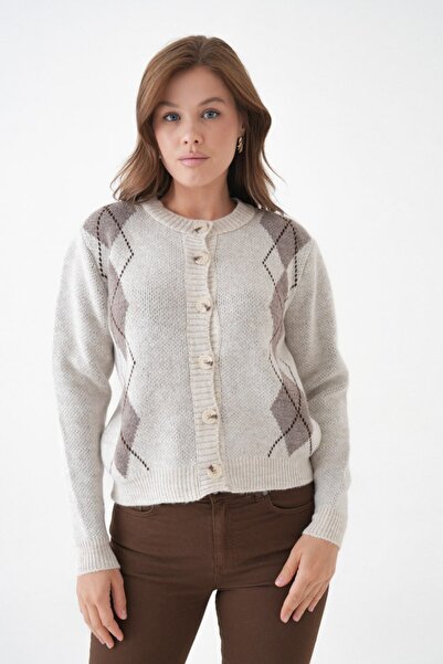 Miss Allos Women's Front Button Detailed Argyle Patterned Cardigan