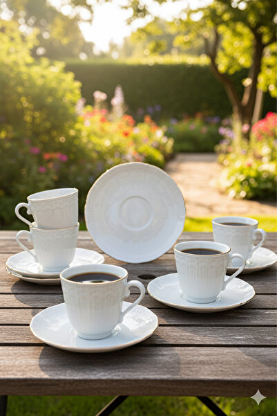 Home Lunessa Gold Gilded Embossed Patterned Coffee Cup Set for 6 People