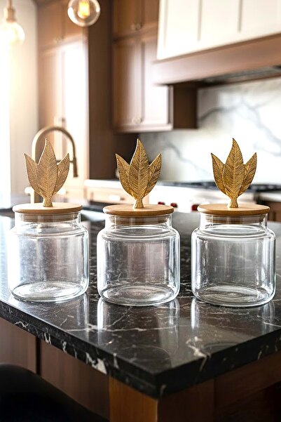 Jenisa Set of 3 Glass Jars with Bamboo Lids and Metal Leaf Figures - Storage Container 635Cc