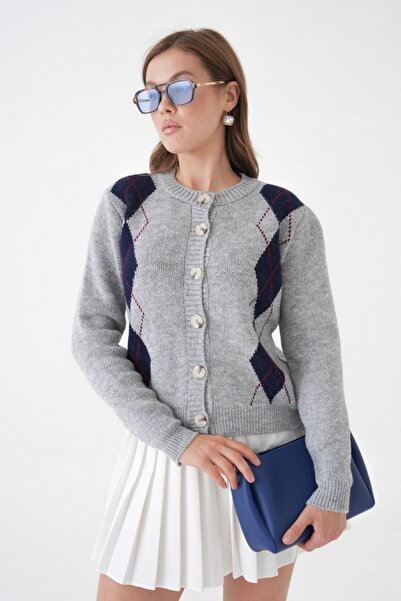 Miss Allos Women's Front Button Detailed Argyle Patterned Cardigan