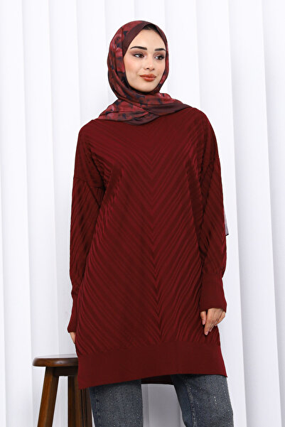 İmajButik Claret Red Crew Neck Cold Thread Knitwear Tunic