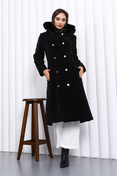 İmajButik Black Hooded Quilted Long Coat