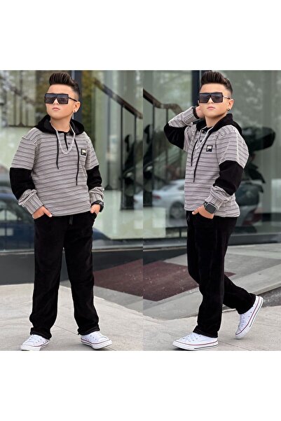 muzur r kids muzur r kids Boy's Hooded Sweatshirt - Velvet Pants Full Lycra Winter Top and Bottom 2-Piece Set - Holiday Wear