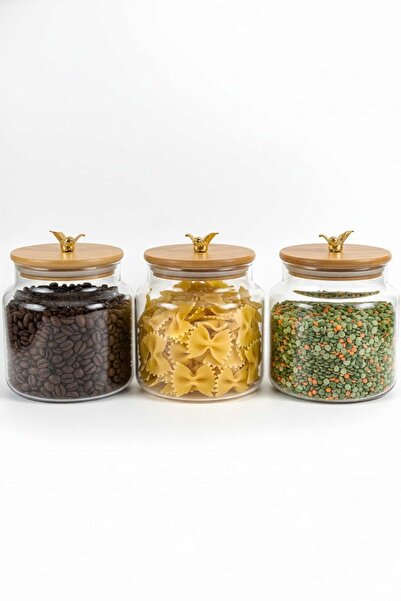 Jenisa Set of 3 Glass Jars with Bamboo Lids and Metal Bird Figures - Storage Container 635Cc