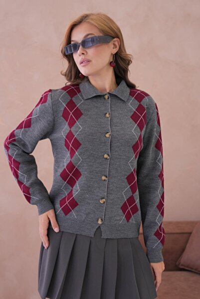 Miss Allos Women's Diamond Patterned Buttoned Front Collared Knit Cardigan