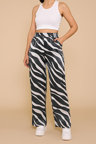 trendalisse Pantaloni din satin cu model zebră, talie elastică, buzunare, picioare largi