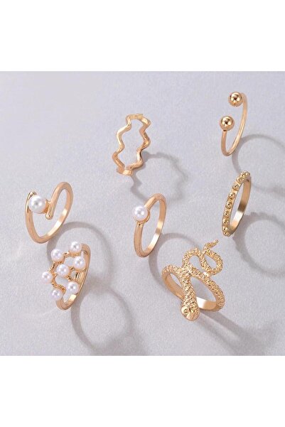Pursehuit Set de 7 inele, aurii cu șarpe și perle, Malan C3