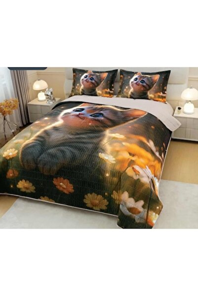 OEM Finet Bedspread 220x240 cm + 2 Pillowcases, Elegant Cat Design, 5D Digital Print, Multicolor