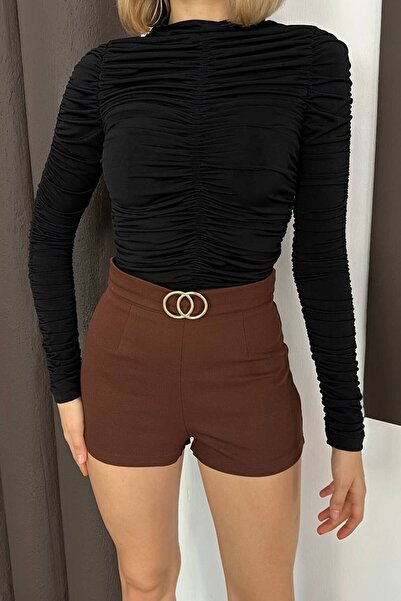 VAGGON Women's Black Ruched Detail Mock Neck Blouse Vs01589