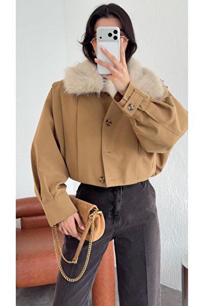 HAZELANNA Camel Jacket with Removable Fur
