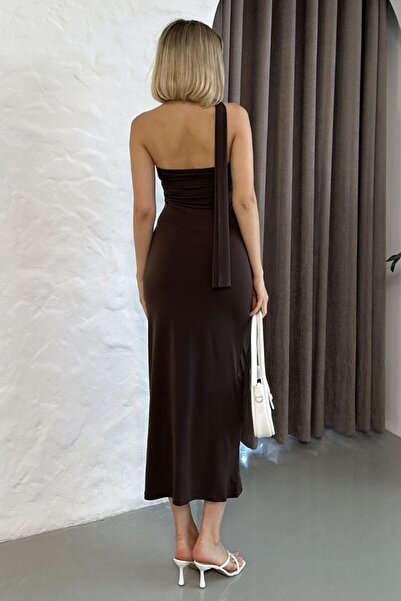 VAGGON Women's Brown Draped Asymmetrical Tie-Up Long Dress Vs01599