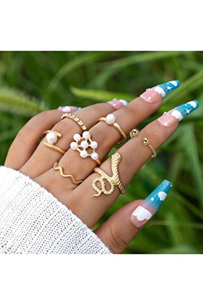 Pursehuit Set de 7 inele, aurii cu șarpe și perle, Malan C3