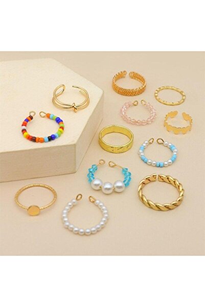 Pursehuit Set de 12 inele, aurii, cu mărgele și perle colorate, Alena C2