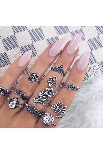 Pursehuit Set de 10 inele, argintii, cu pietre, Alba C3