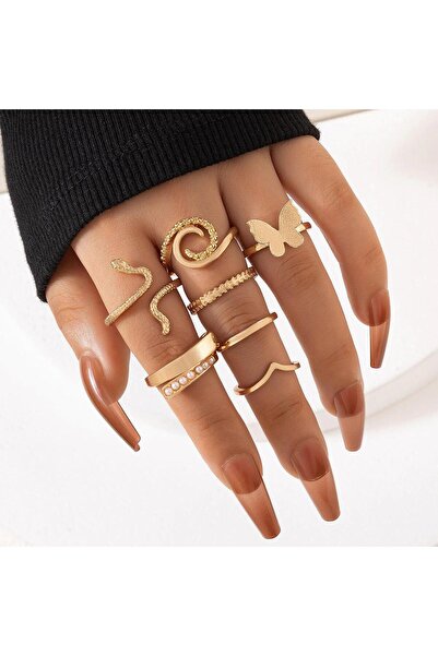 Pursehuit Set de 7 inele, aurii cu șarpe și perle, Malena C5