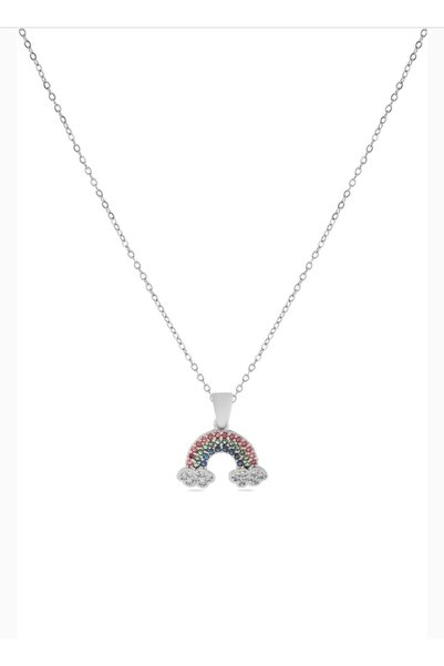 Çağla Accessories Steel Necklace with Colorful Zircon Stones and Rainbow and ...