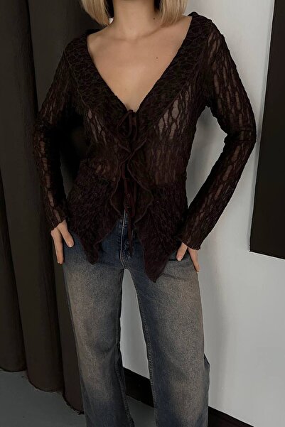 VAGGON Women's Brown Lace Textured Tie Detail V-Neck Blouse Vs01603