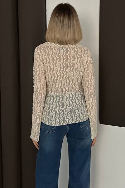 VAGGON Women's Ecru Lace Textured Tie Detail V-Neck Blouse Vs01603