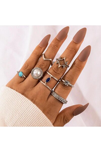 Pursehuit Set de 7 inele, argintii cu pietre, Tabea C3