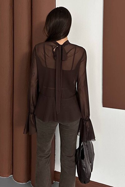 VAGGON Transparent Chiffon Flounce Sleeve Blouse and Strap Tank Top Two-Piece Set