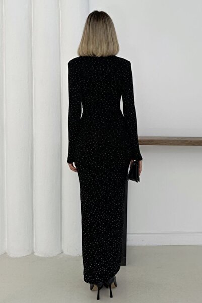 VAGGON Women's Silvery Black Long Sleeve V-Neck Low-Cut Draped Slit Maxi Dress Vs01598