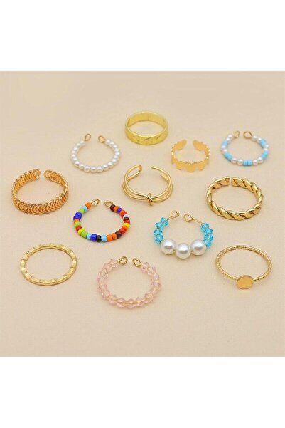Pursehuit Set de 12 inele, aurii, cu mărgele și perle colorate, Alena C2