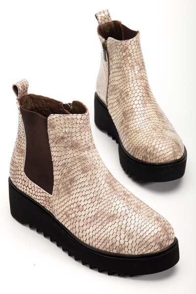 Pier Vino BEJ YILAN BASKILI BOT DOLGU TABAN HAKİKİ DERİ TARZ ŞIK KONFORLU RAH...