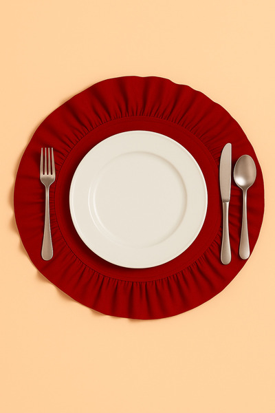 Mirilliahome 12-Piece Red Raw Linen Tableware Set – Ruffled American Dinner Plate and Cutlery/Spoon Holder