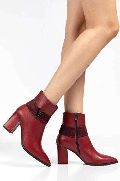 Pier Vino Burgundy Pointed Toe Genuine Leather Boots Thick Heel Fuzzy Sole Stylish Comfortable