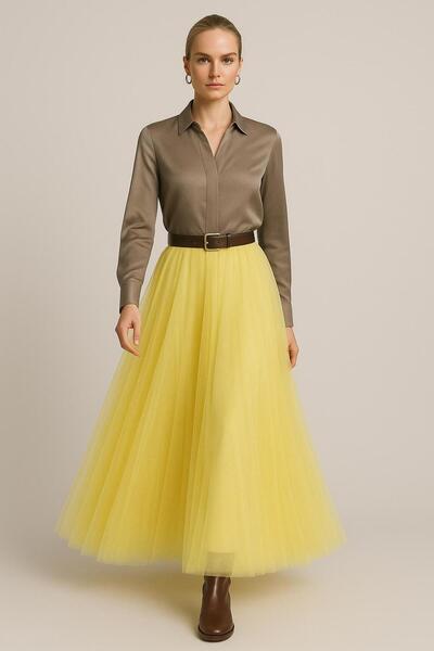 ALYEL NAKER Satin Shirt & Midi Tulle Skirt Top & Bottom Set