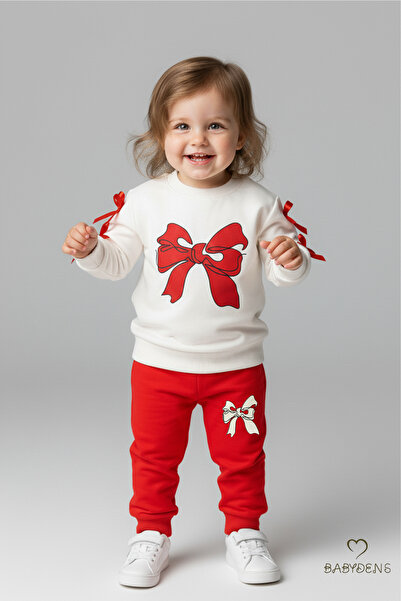 BABYDEN'S Baby Girl 2-Piece Tracksuit Set with Bow, Shoulder Snaps, Side Ribbon Detail, 100% Cotton Transitional Bottom-Top